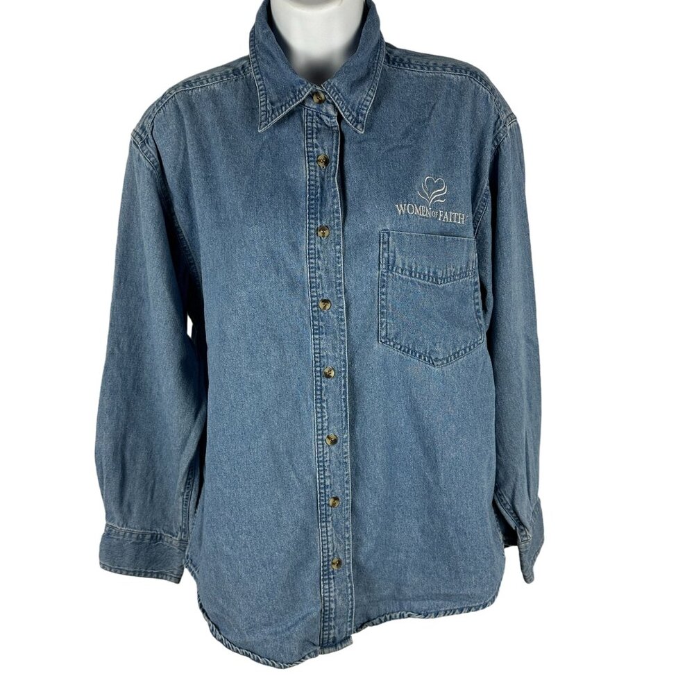 Rivers End Trading Co Womens Denim Button-Up Shirt Women Of Faith Logo Size M